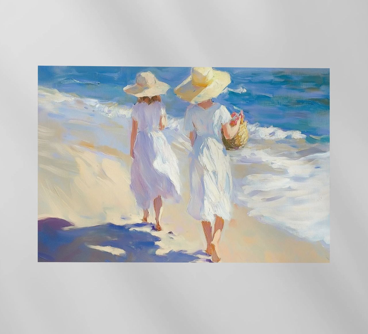 Donne che camminano su una spiaggia illuminata dal sole pellicola backlit da Melloi Art Print