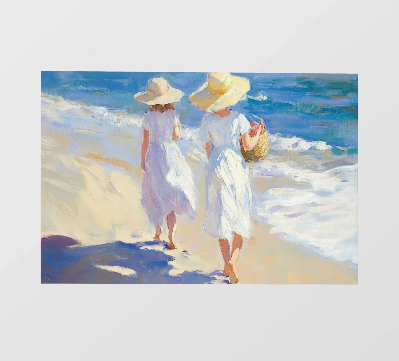 Donne che camminano su una spiaggia illuminata dal sole pellicola backlit da Melloi Art Print