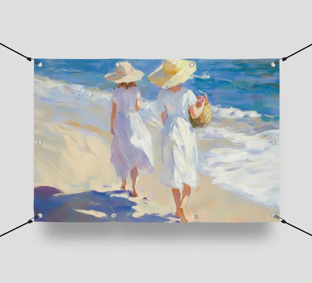 Donne che camminano su una spiaggia illuminata dal sole telo in pvc da Melloi Art Print