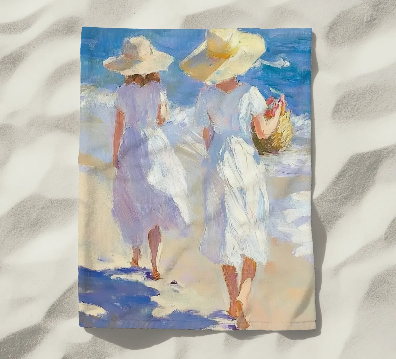 Women Walking on a Sunlit Beach beach towel by Melloi Art Print