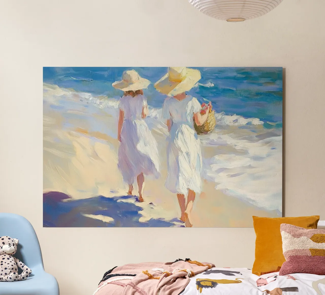 Donne che camminano su una spiaggia illuminata dal sole alluminio dibond da Melloi Art Print