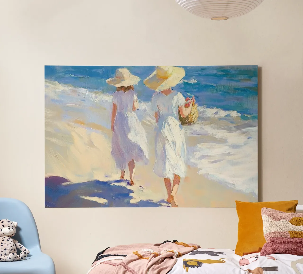 Donne che camminano su una spiaggia illuminata dal sole tela con Cornice a cassetta da Melloi Art Print