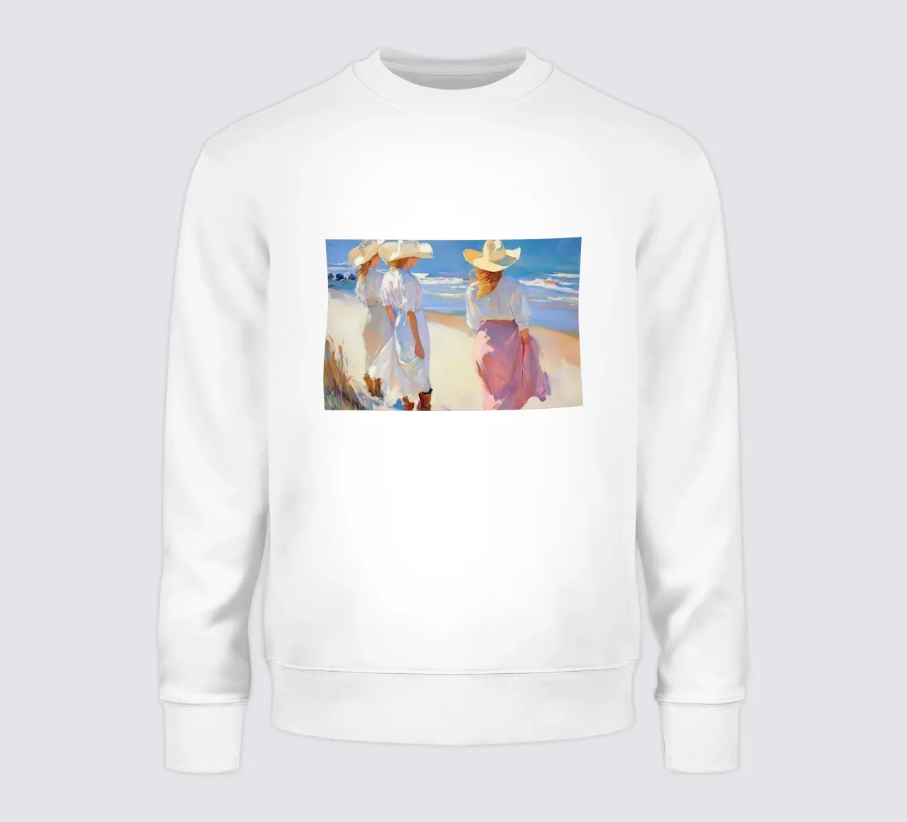 Donne con cappelli da sole a passeggio sulla spiaggia felpa da Melloi Art Print