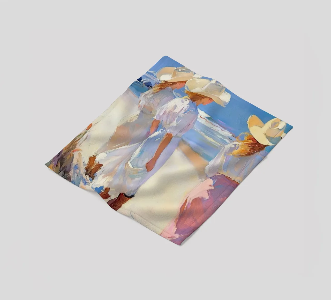 Donne con cappelli da sole a passeggio sulla spiaggia coperta in pile da Melloi Art Print