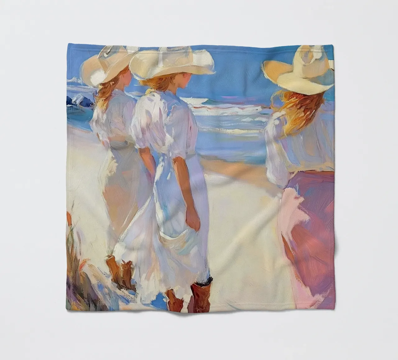 Donne con cappelli da sole a passeggio sulla spiaggia coperta in pile da Melloi Art Print