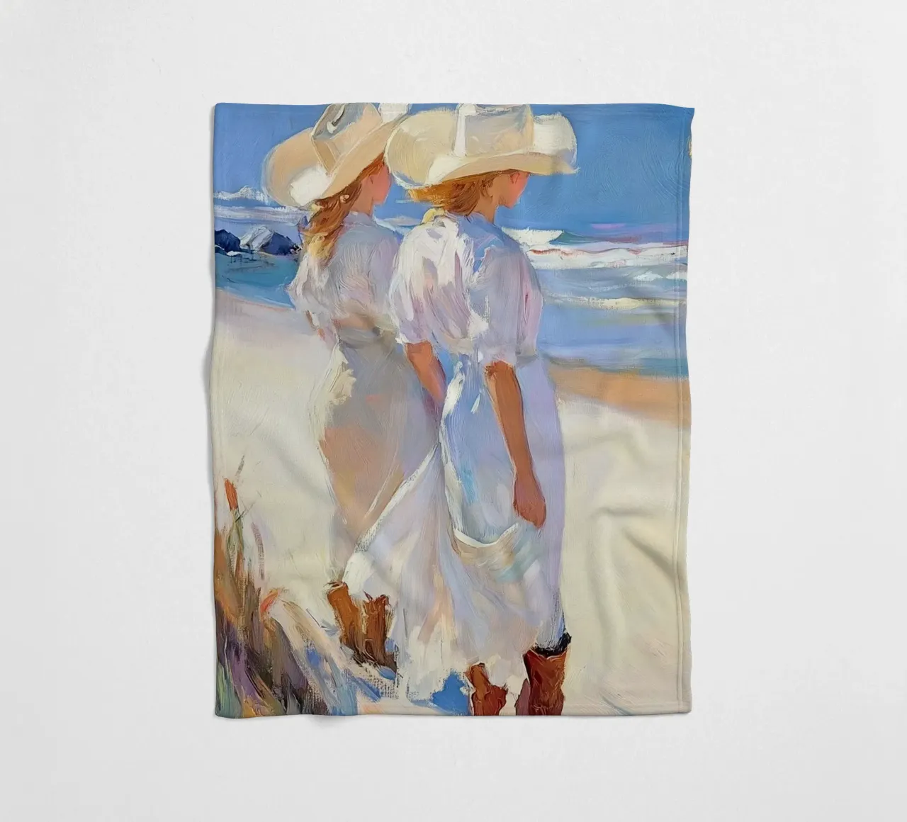 Donne con cappelli da sole a passeggio sulla spiaggia coperta in pile da Melloi Art Print