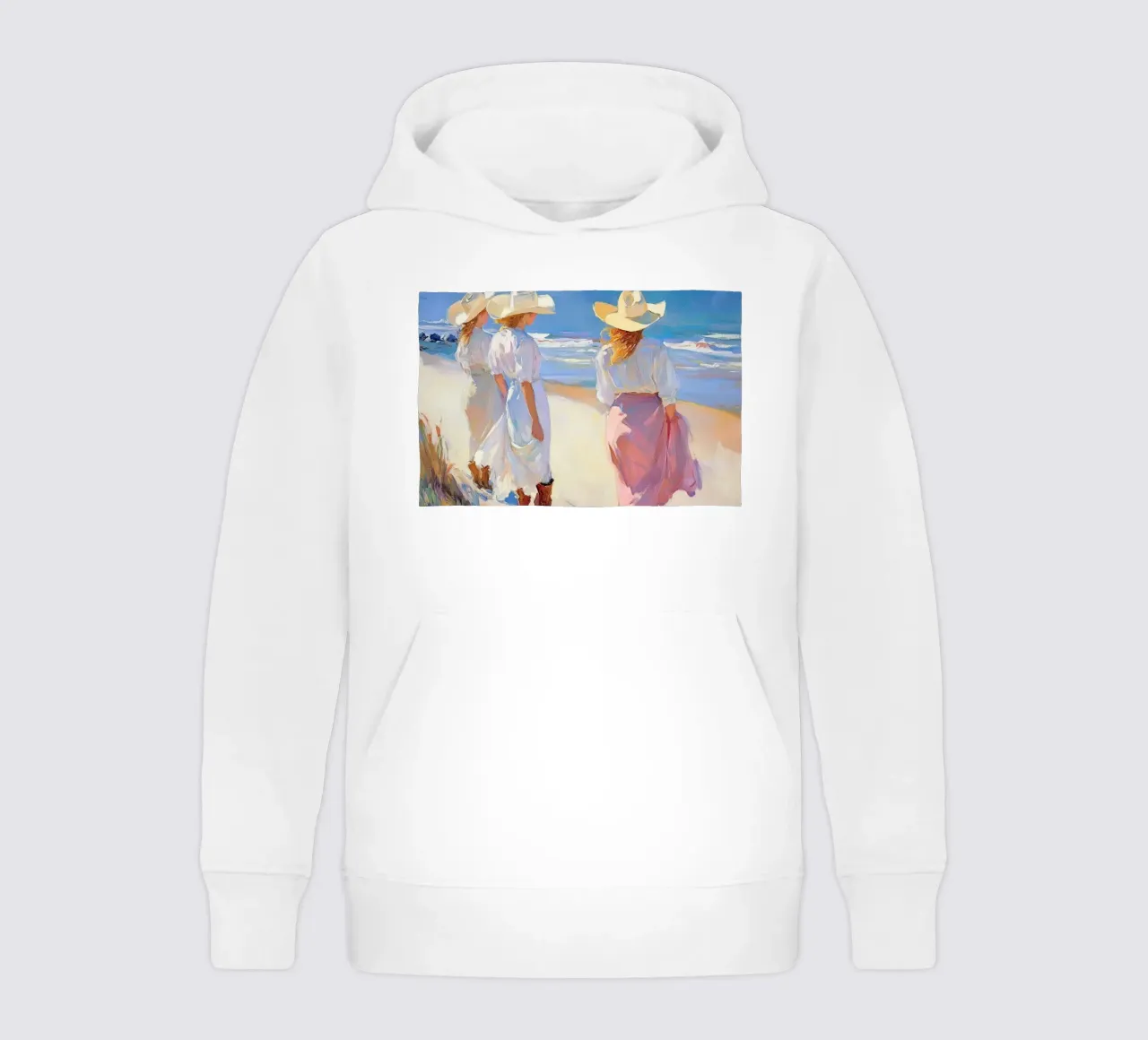 Donne con cappelli da sole a passeggio sulla spiaggia felpa bambino con cappuccio da Melloi Art Print