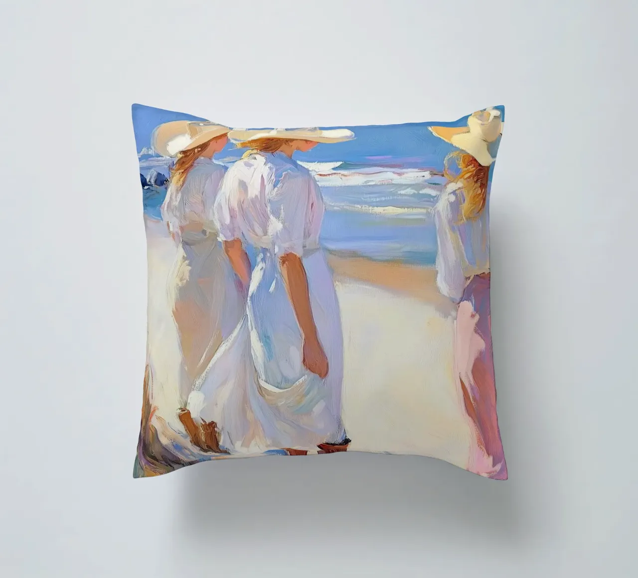 Donne con cappelli da sole a passeggio sulla spiaggia cuscino da Melloi Art Print