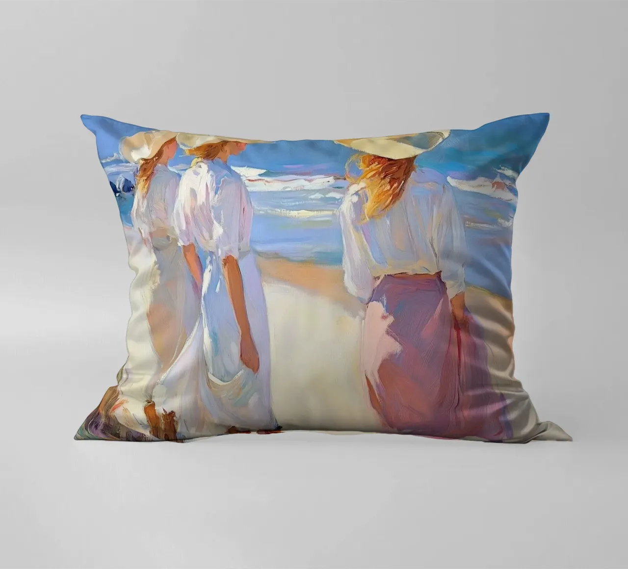 Donne con cappelli da sole a passeggio sulla spiaggia cuscino da Melloi Art Print