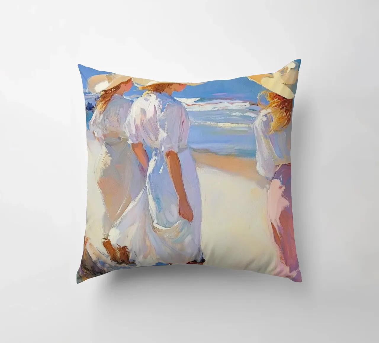 Donne con cappelli da sole a passeggio sulla spiaggia cuscino da Melloi Art Print