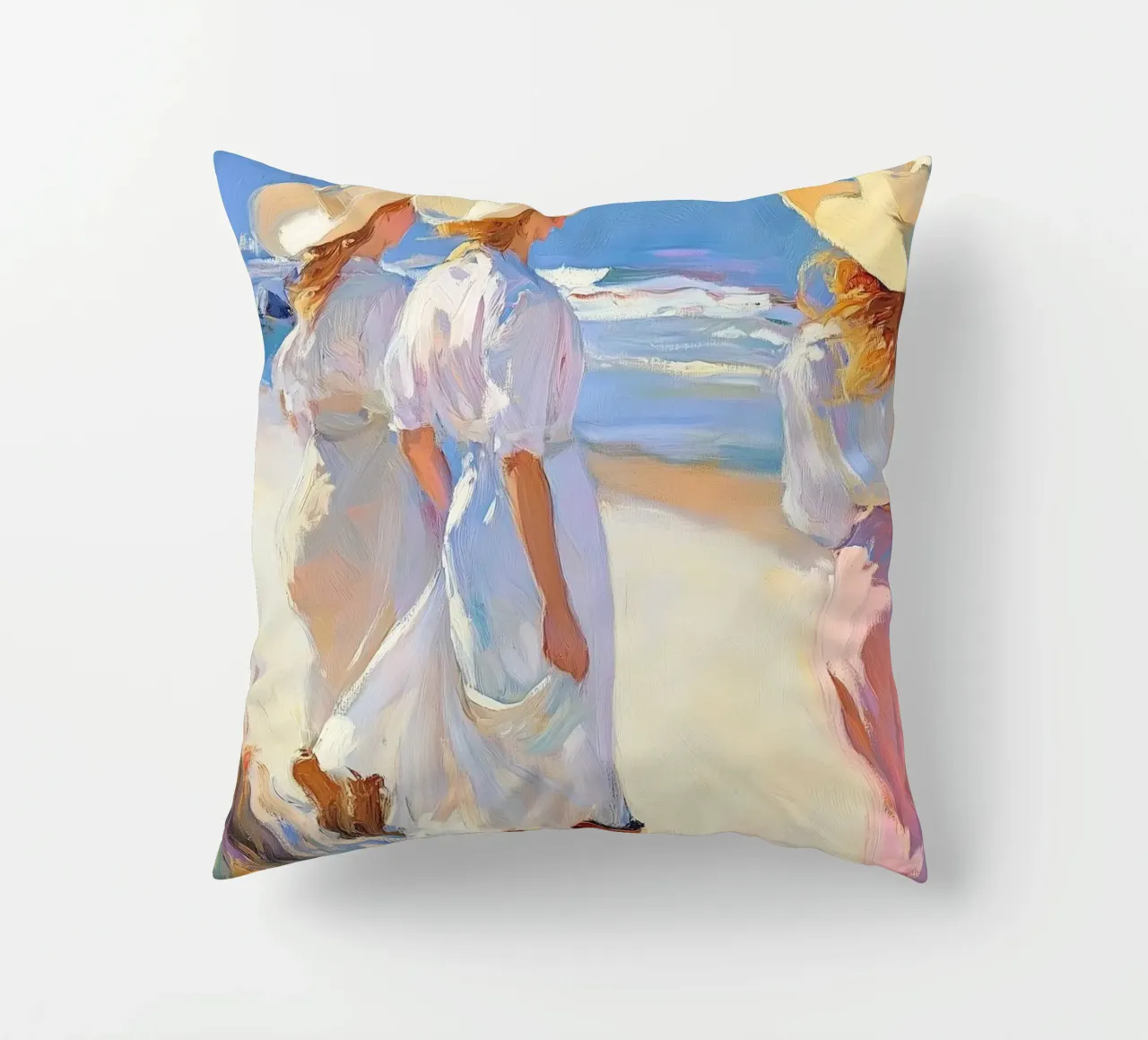 Donne con cappelli da sole a passeggio sulla spiaggia cuscino da Melloi Art Print