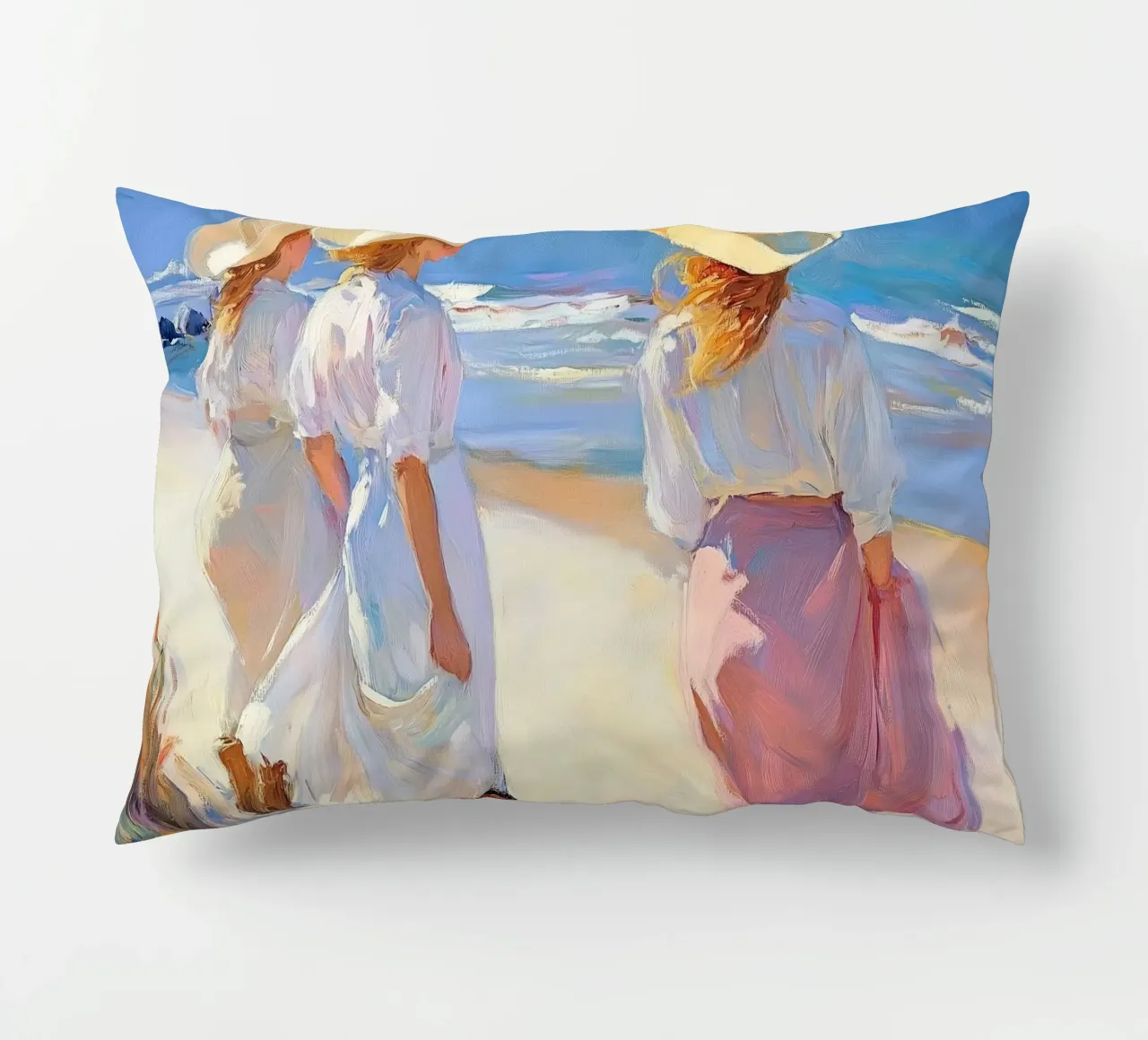 Donne con cappelli da sole a passeggio sulla spiaggia cuscino da Melloi Art Print