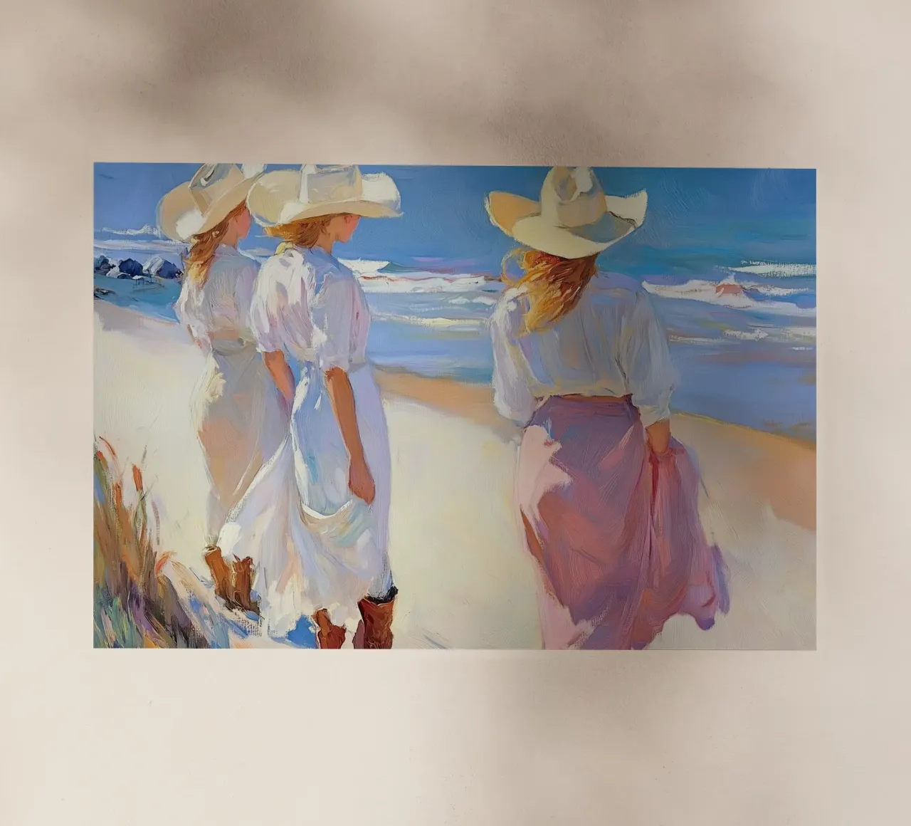 Donne con cappelli da sole a passeggio sulla spiaggia pellicola backlit da Melloi Art Print