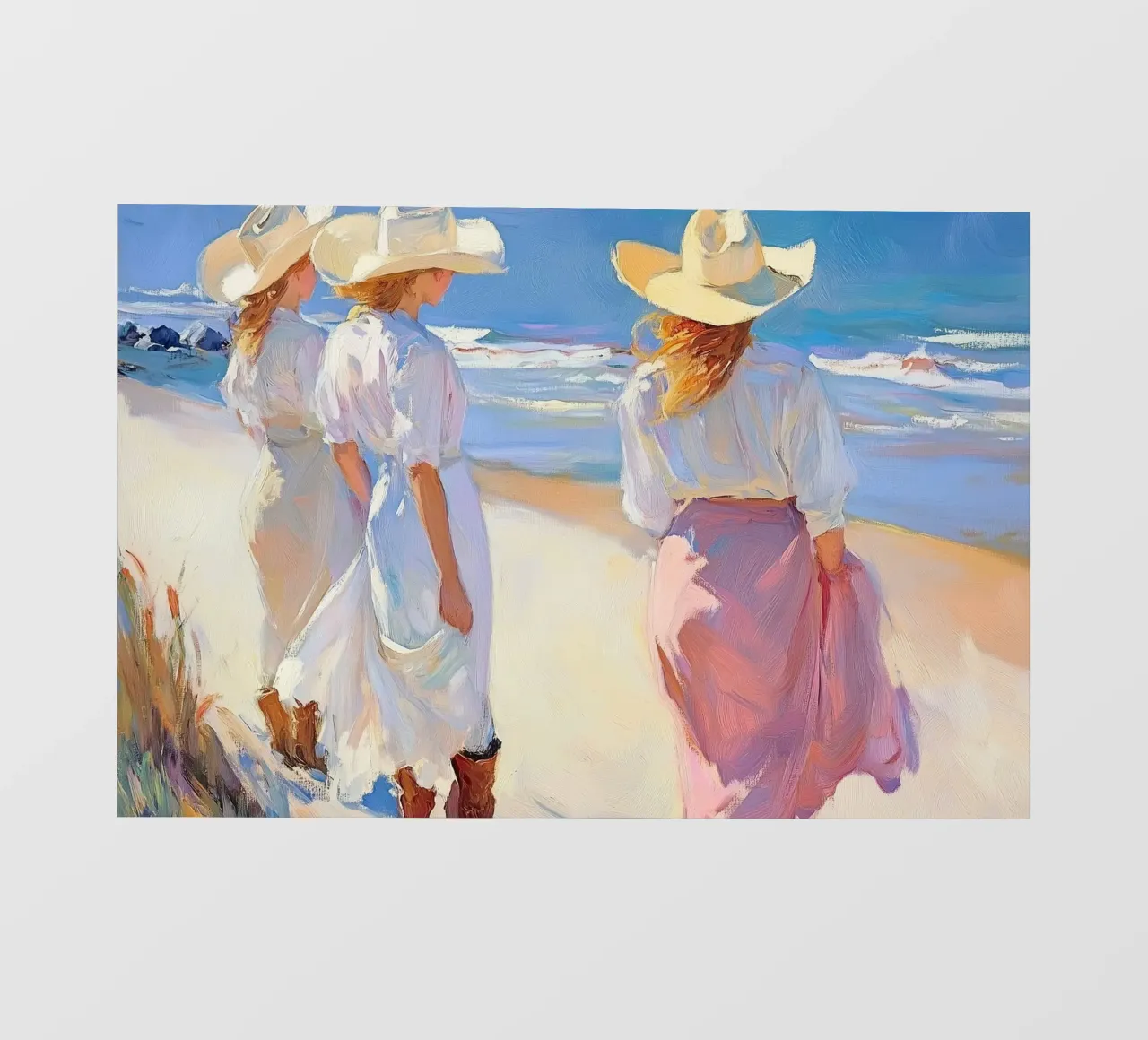 Donne con cappelli da sole a passeggio sulla spiaggia pellicola backlit da Melloi Art Print