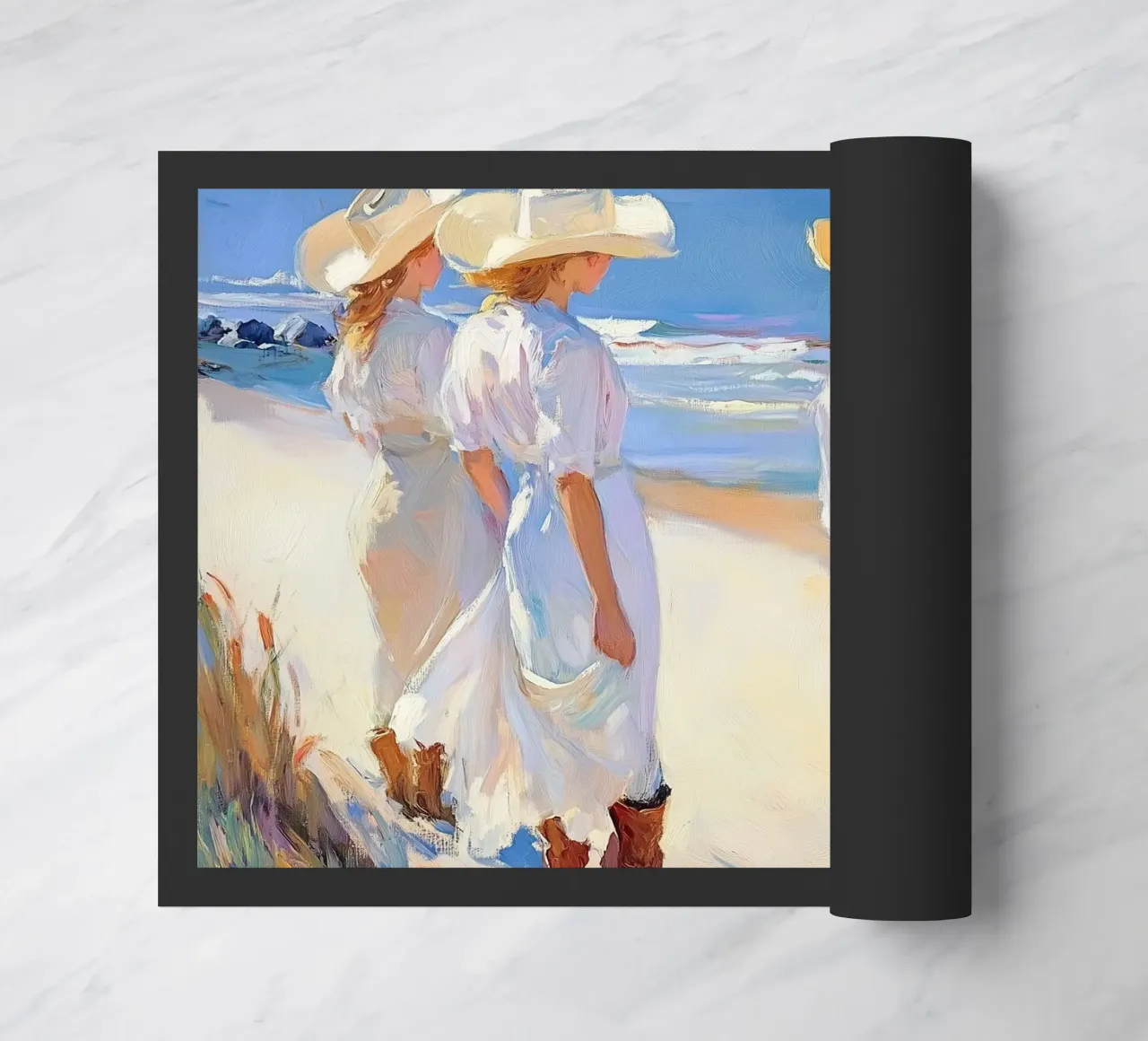 Donne con cappelli da sole a passeggio sulla spiaggia zerbino da Melloi Art Print
