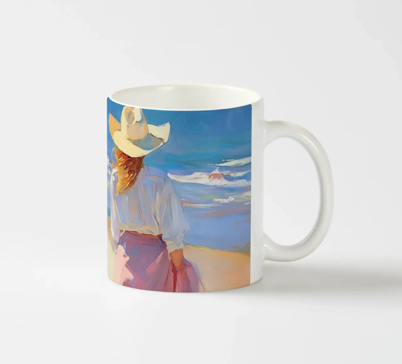 Donne con cappelli da sole a passeggio sulla spiaggia tazza in ceramica da Melloi Art Print