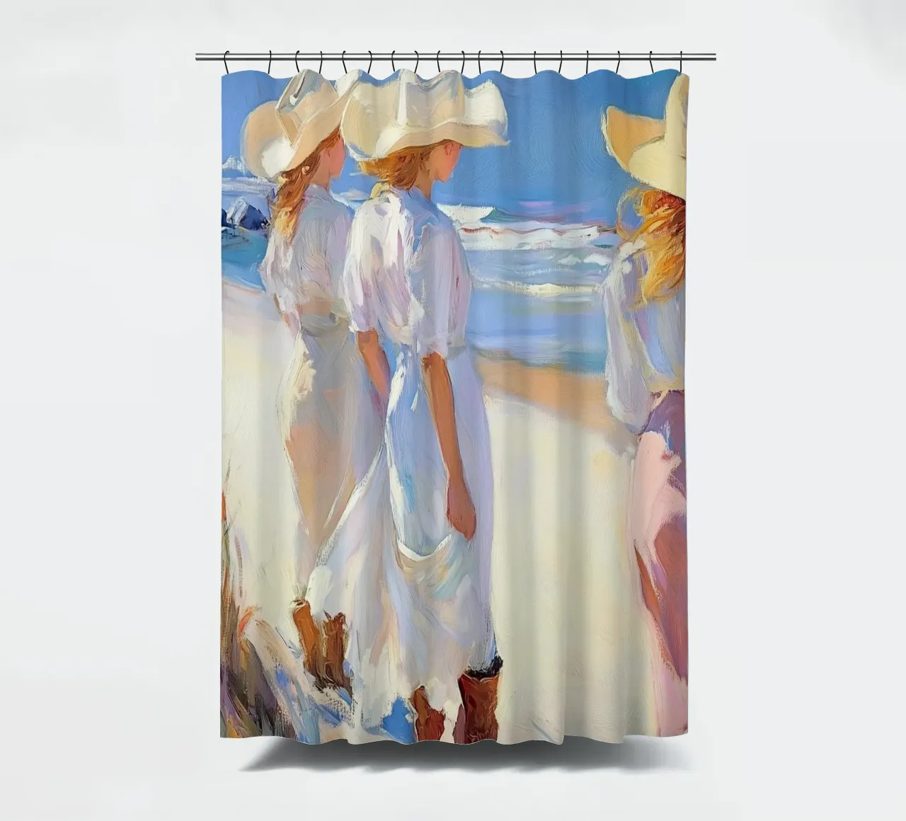 Donne con cappelli da sole a passeggio sulla spiaggia tenda da doccia da Melloi Art Print