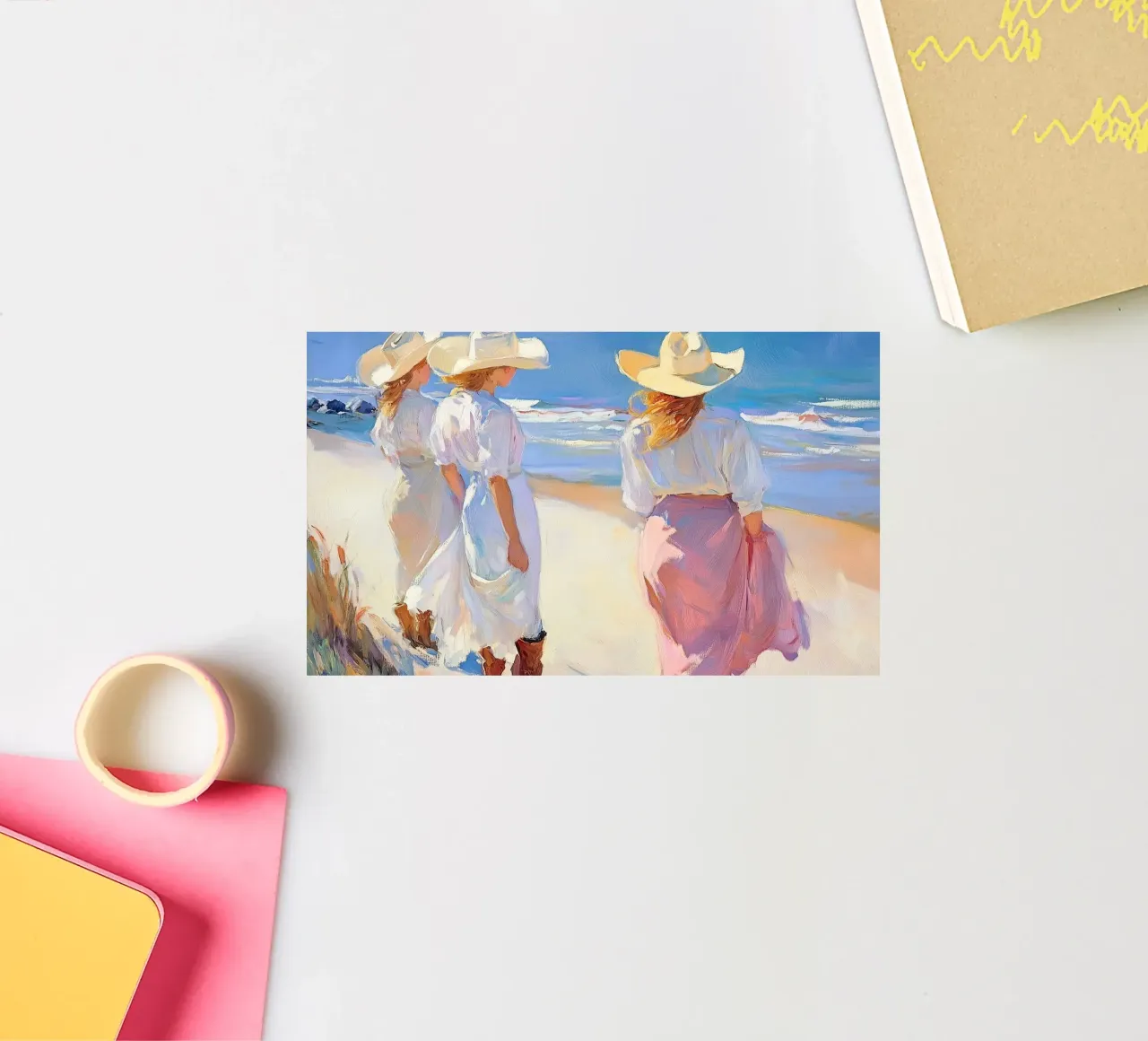 Donne con cappelli da sole a passeggio sulla spiaggia adesivo da Melloi Art Print