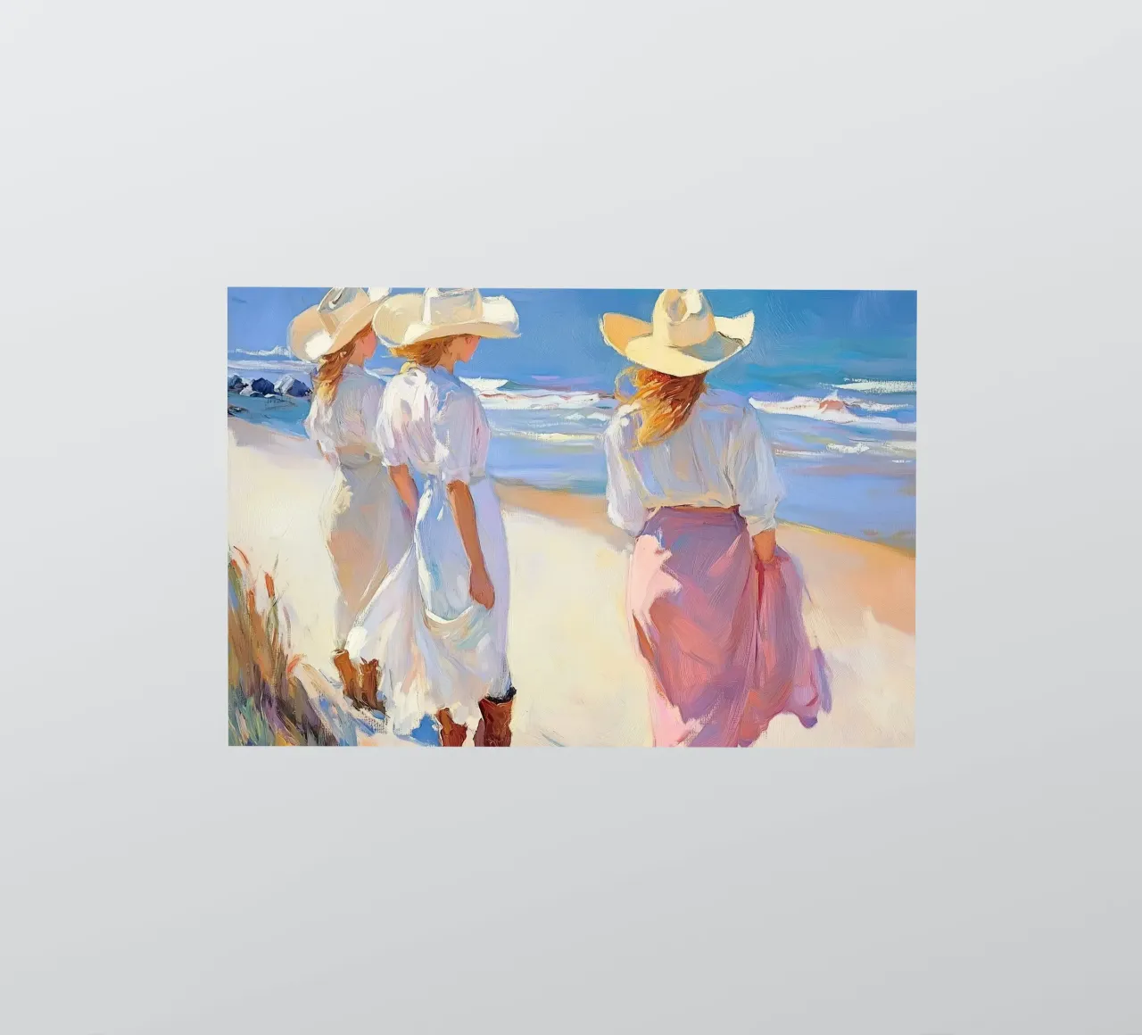 Donne con cappelli da sole a passeggio sulla spiaggia adesivo da Melloi Art Print
