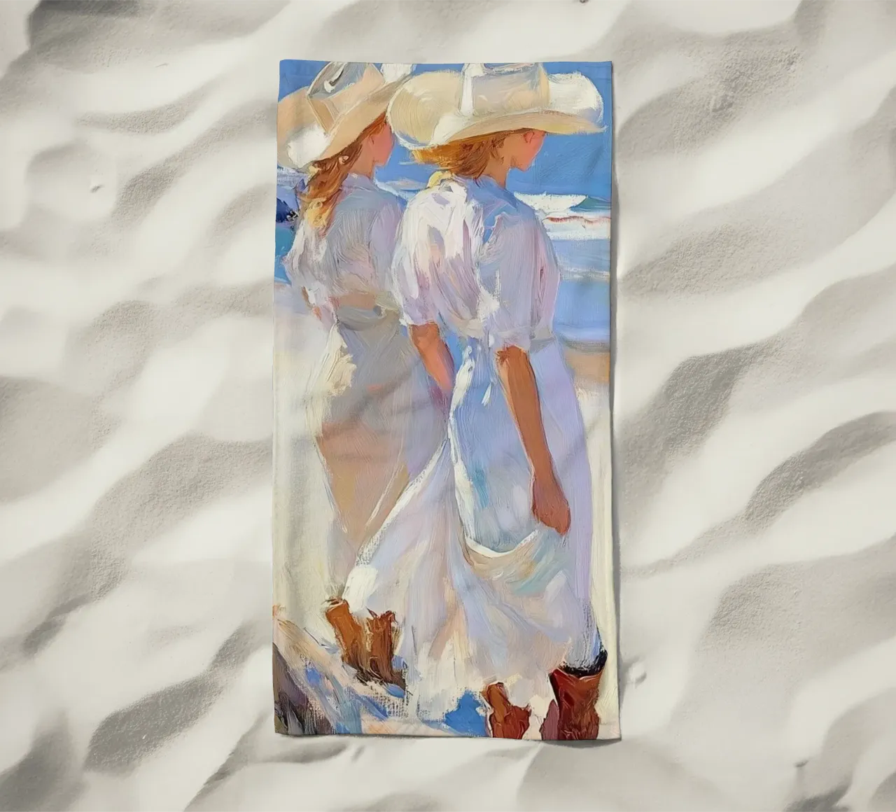 Donne con cappelli da sole a passeggio sulla spiaggia telo mare da Melloi Art Print