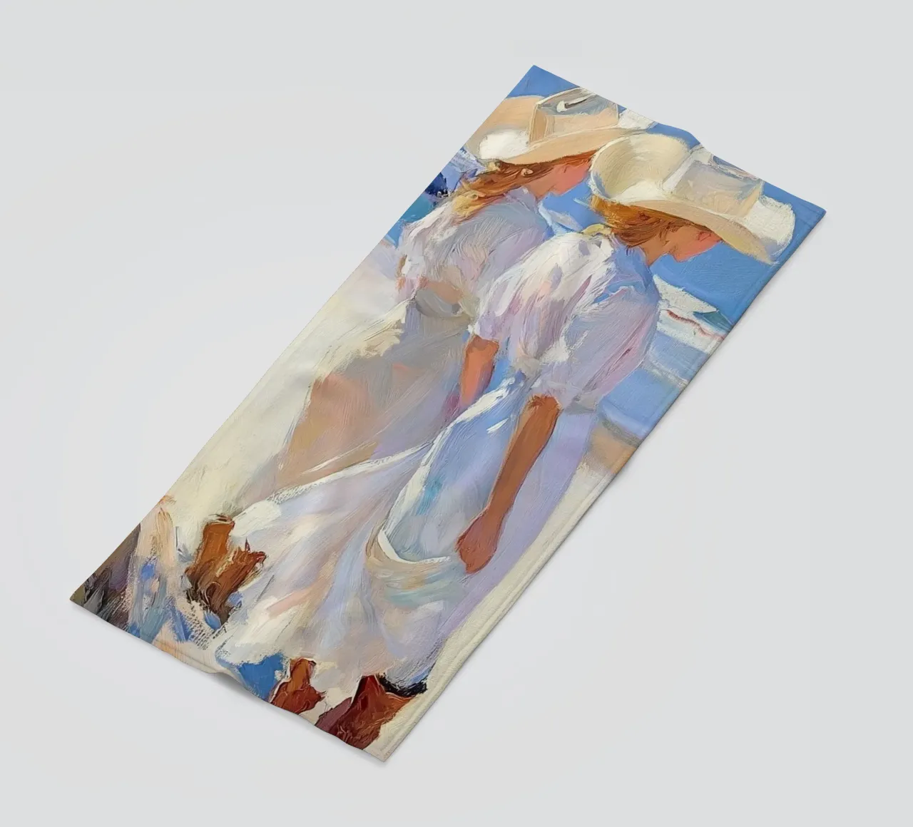 Donne con cappelli da sole a passeggio sulla spiaggia telo mare da Melloi Art Print