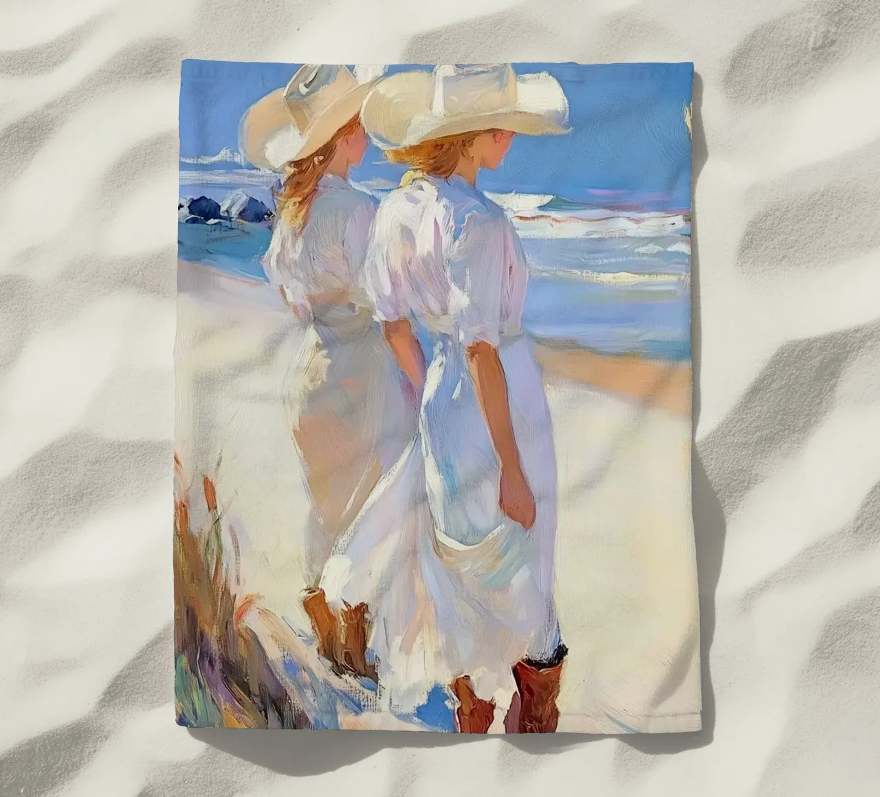 Donne con cappelli da sole a passeggio sulla spiaggia telo mare da Melloi Art Print