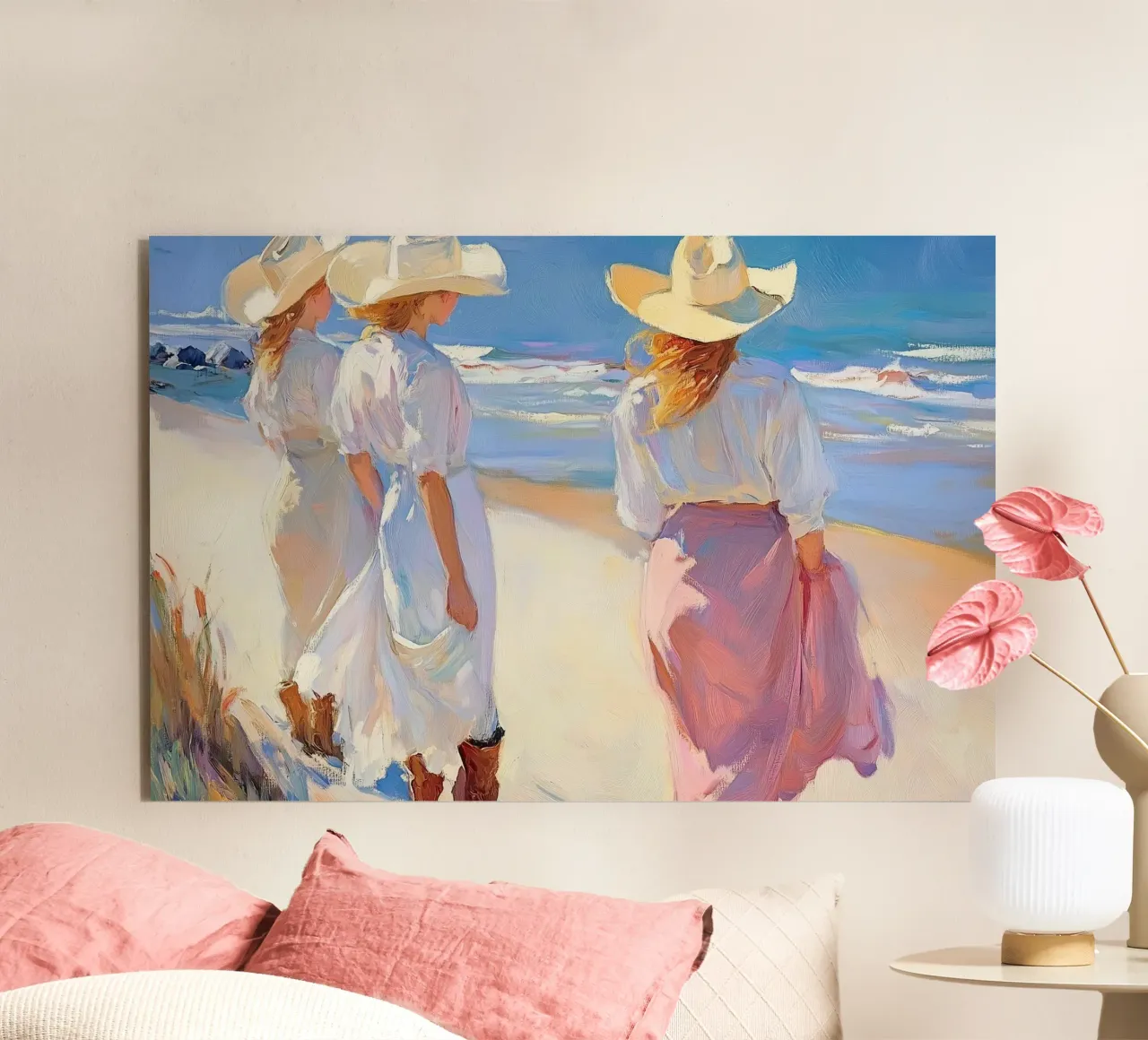 Donne con cappelli da sole a passeggio sulla spiaggia alluminio dibond da Melloi Art Print