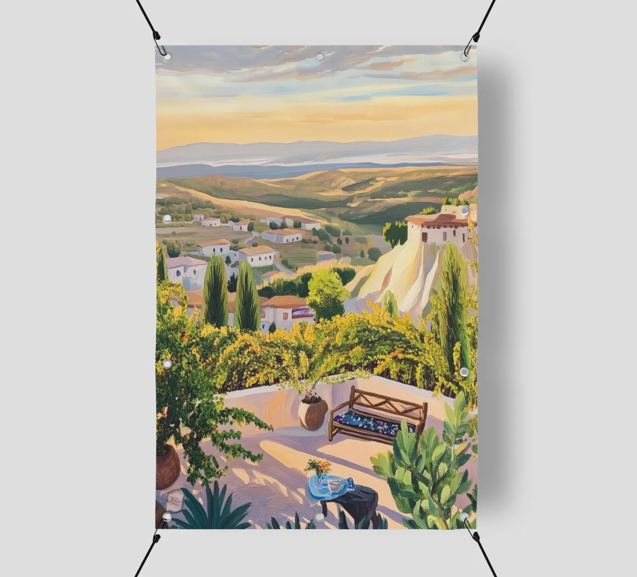 Mediterranean Hillside Villa View telo in pvc da Melloi Art Print