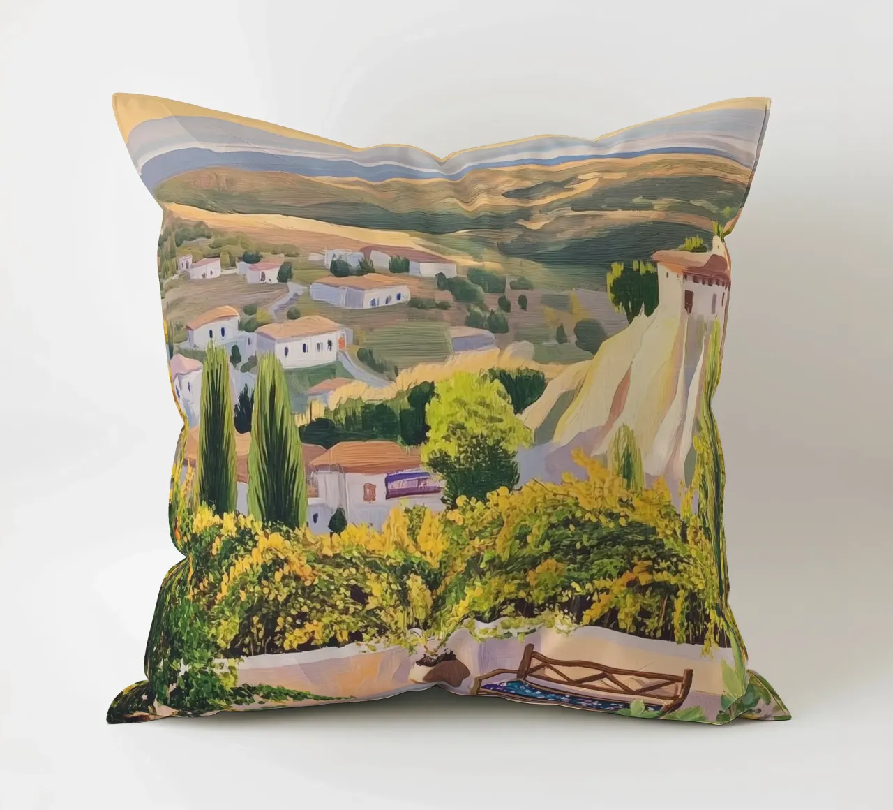 Mediterranean Hillside Villa View cuscino da Melloi Art Print