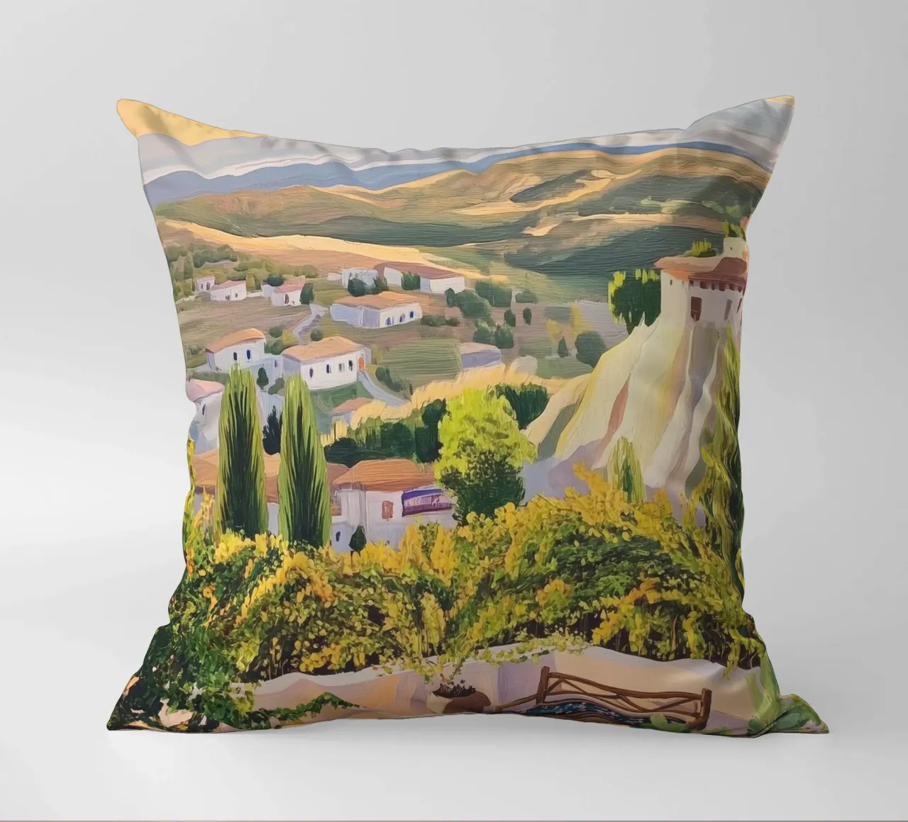 Mediterranean Hillside Villa View cuscino da Melloi Art Print