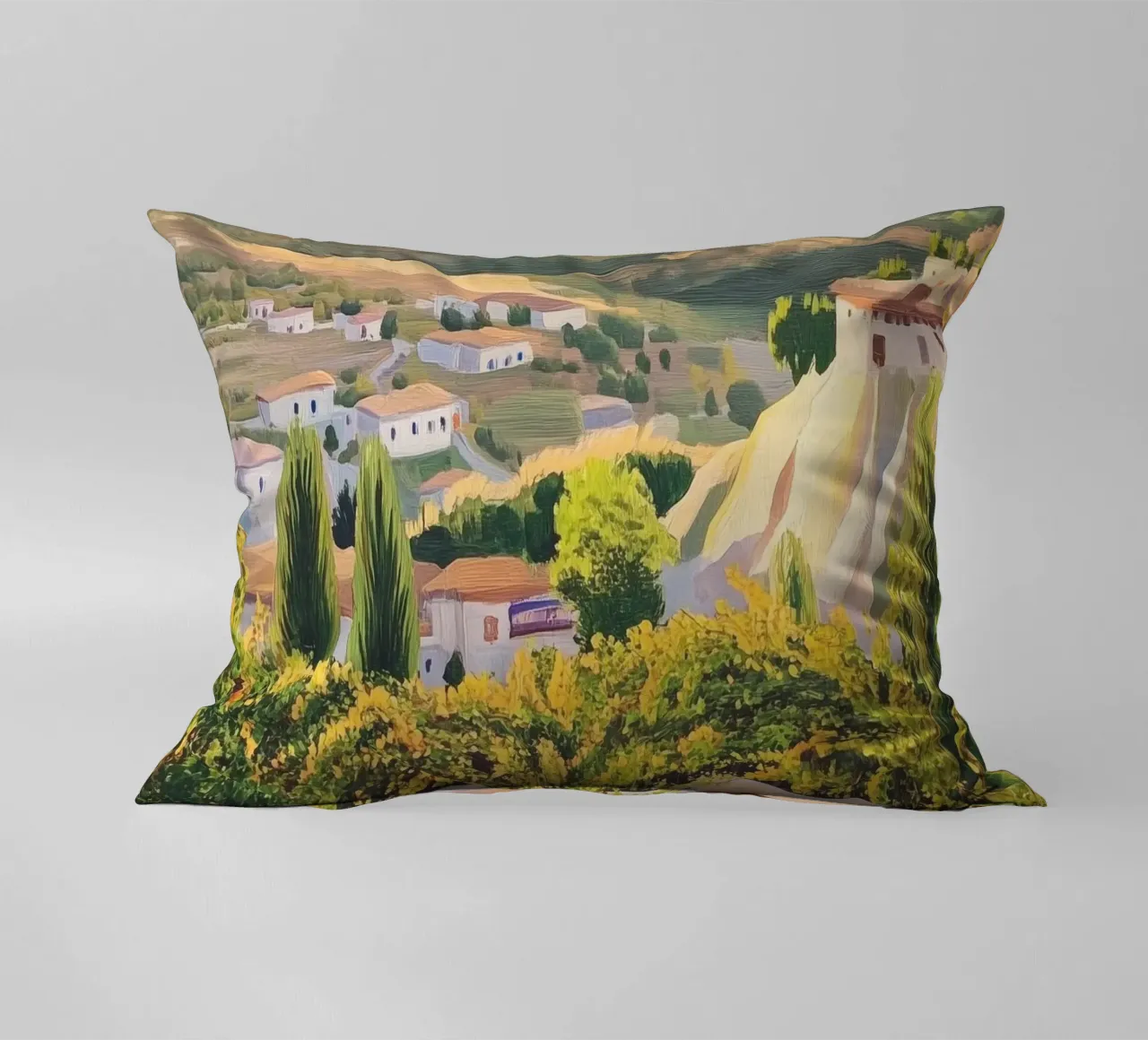 Mediterranean Hillside Villa View cuscino da Melloi Art Print