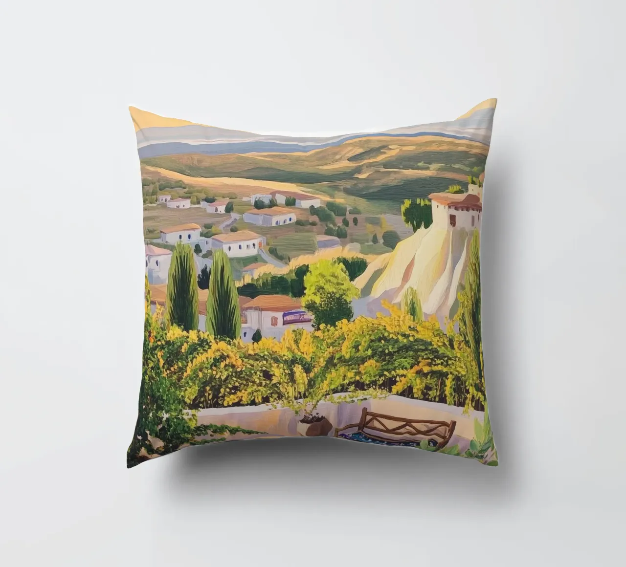 Mediterranean Hillside Villa View cuscino da Melloi Art Print