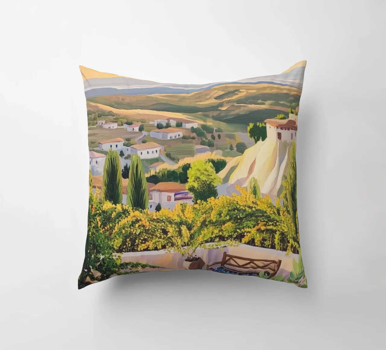 Mediterranean Hillside Villa View cuscino da Melloi Art Print