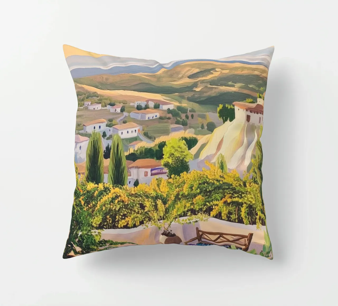 Mediterranean Hillside Villa View cuscino da Melloi Art Print