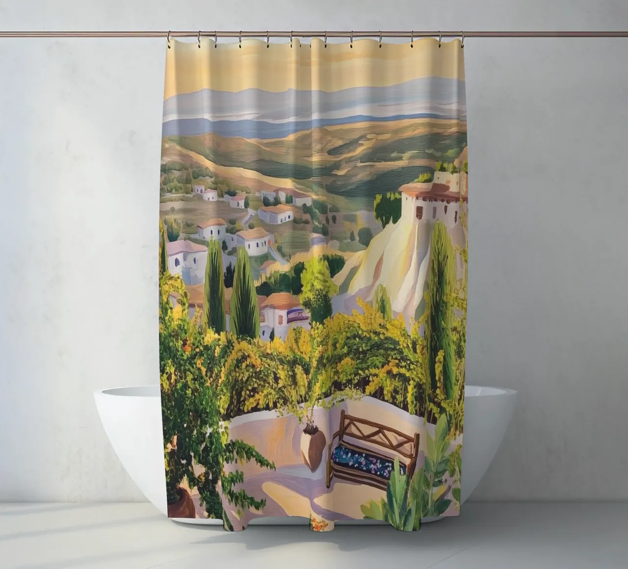 Mediterranean Hillside Villa View tenda da doccia da Melloi Art Print
