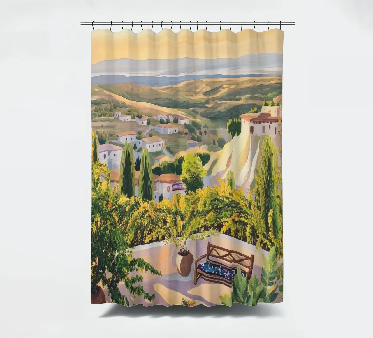 Mediterranean Hillside Villa View tenda da doccia da Melloi Art Print