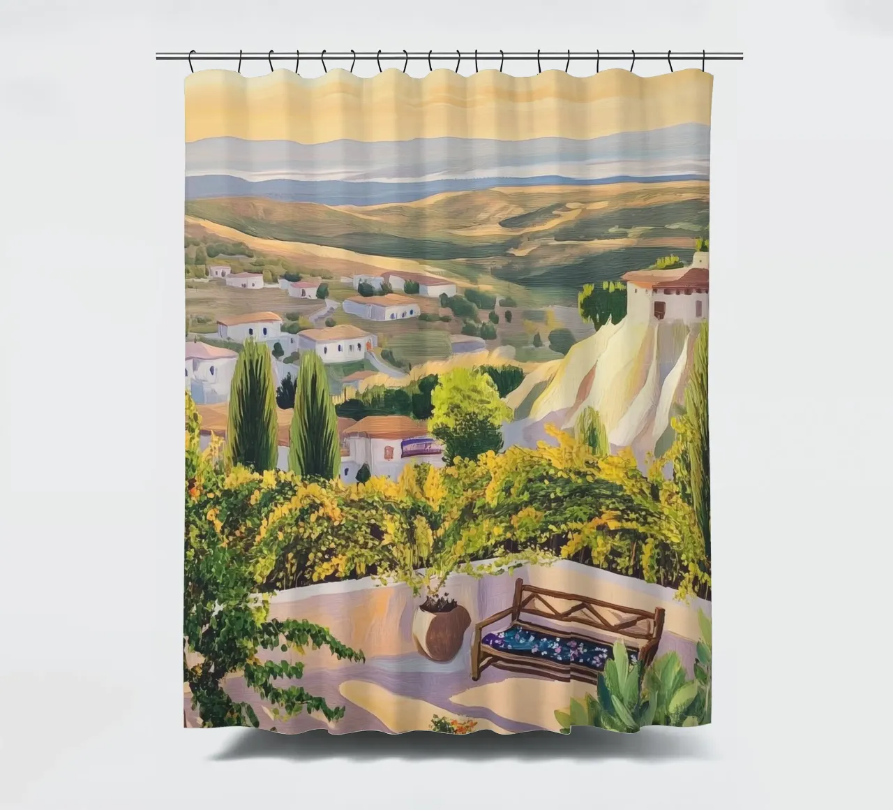 Mediterranean Hillside Villa View tenda da doccia da Melloi Art Print
