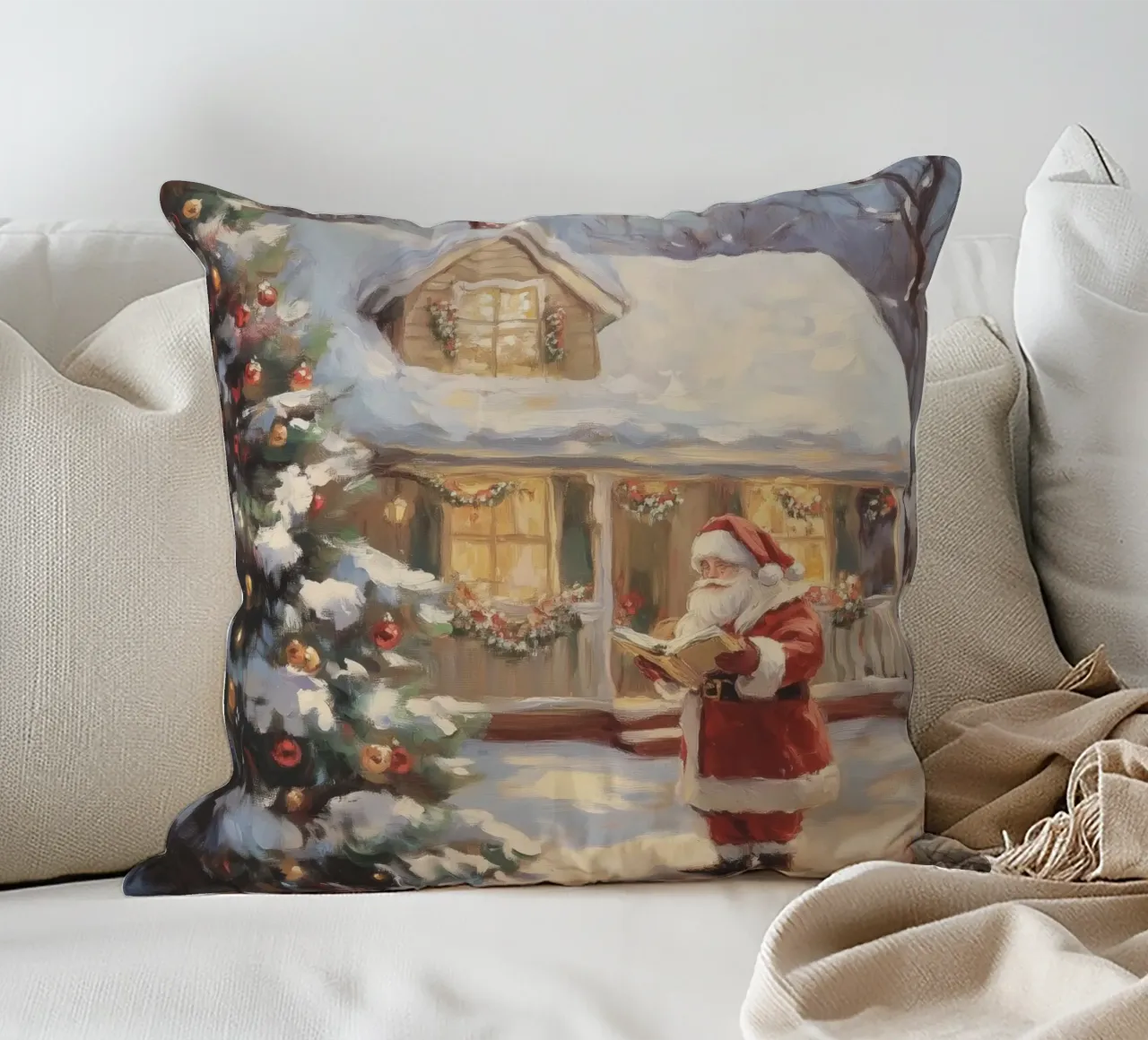 L'accogliente visita natalizia di Babbo Natale cuscino da Melloi Art Print