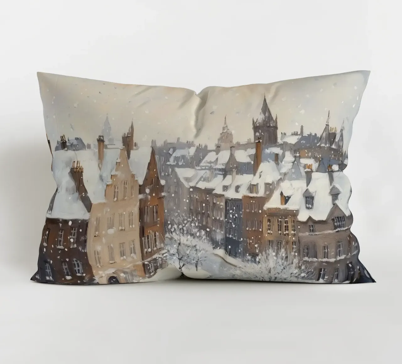 Il centro storico di Edimburgo innevato d'inverno cuscino da Melloi Art Print