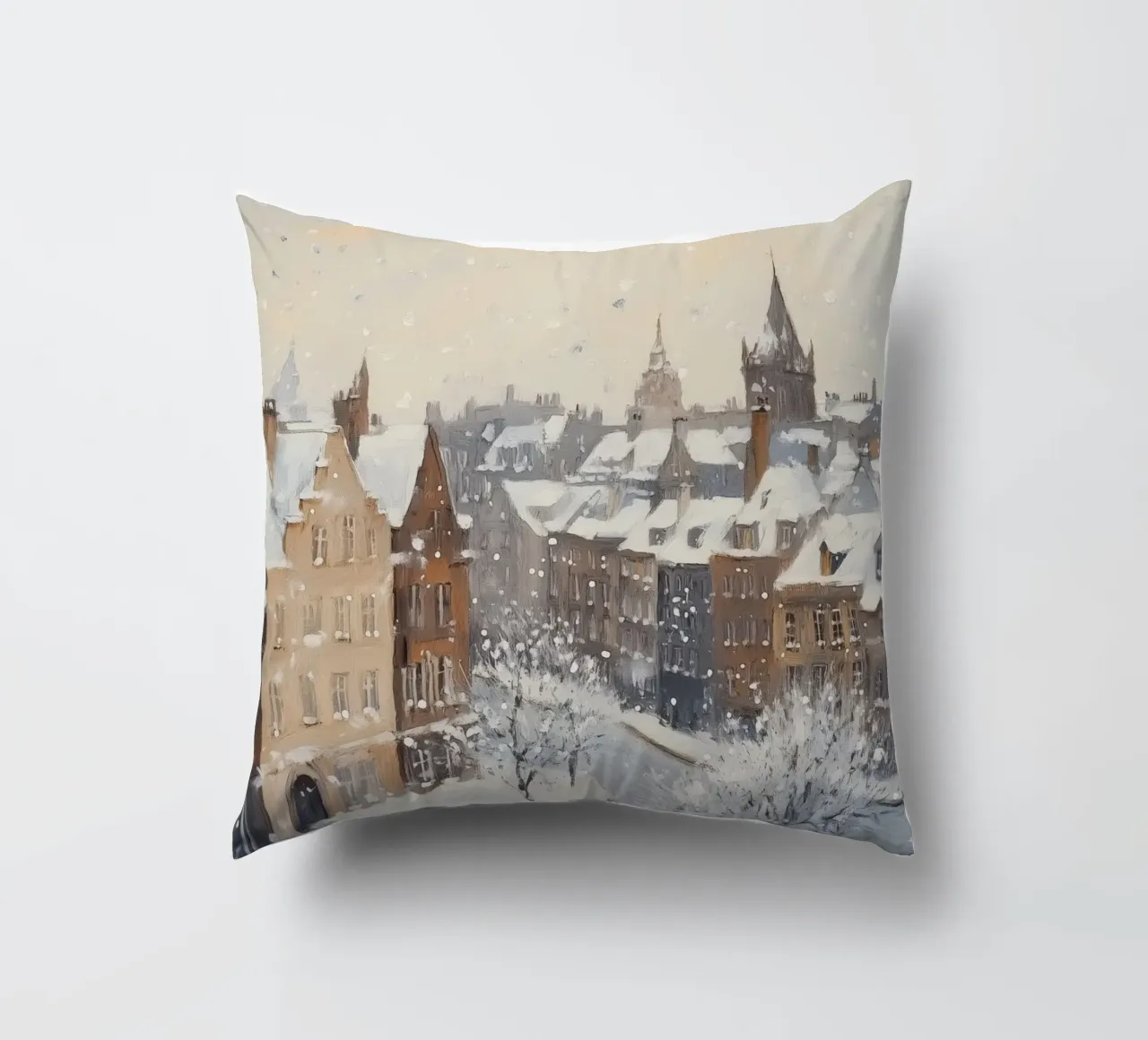 Il centro storico di Edimburgo innevato d'inverno cuscino da Melloi Art Print