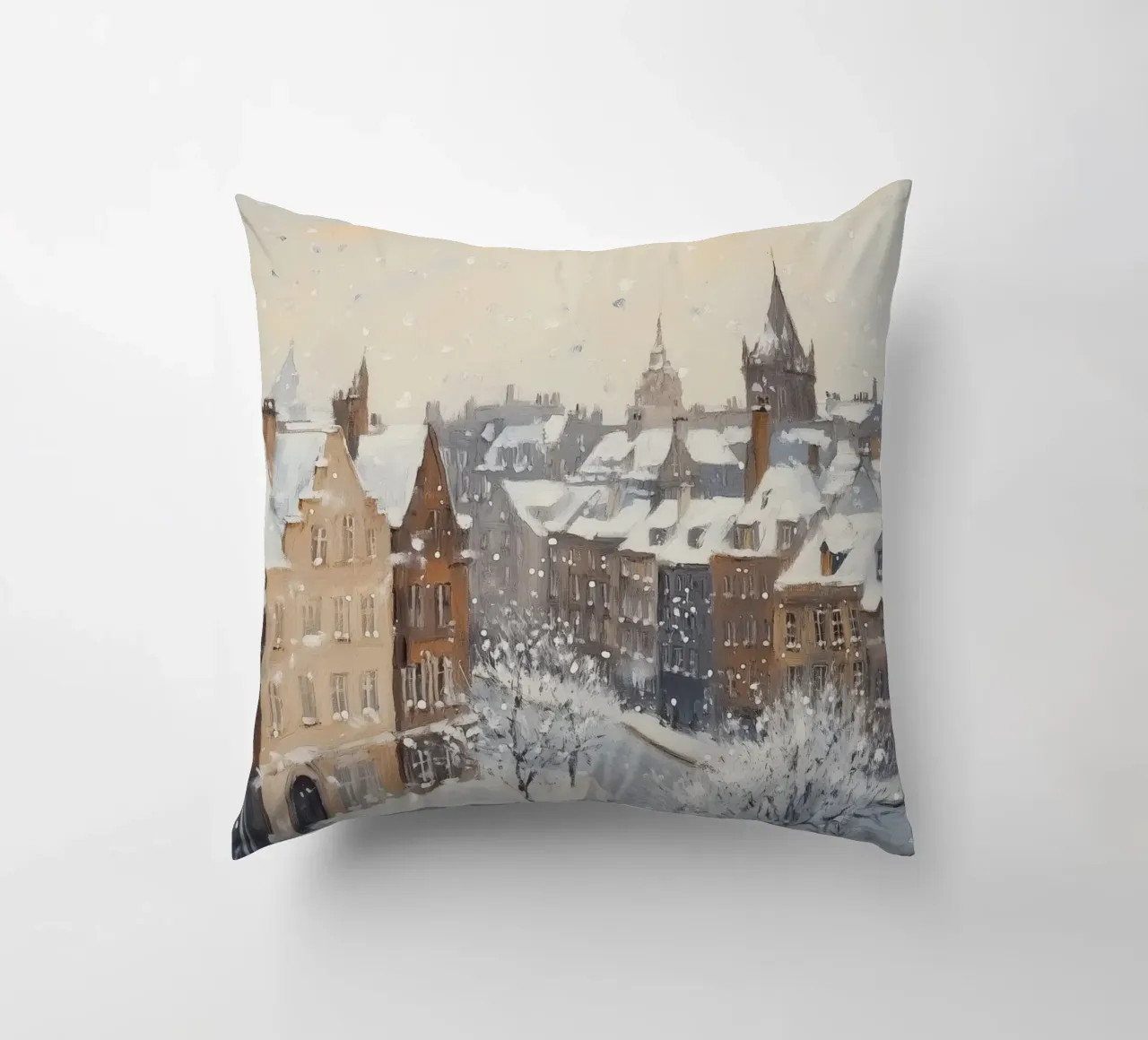 Il centro storico di Edimburgo innevato d'inverno cuscino da Melloi Art Print
