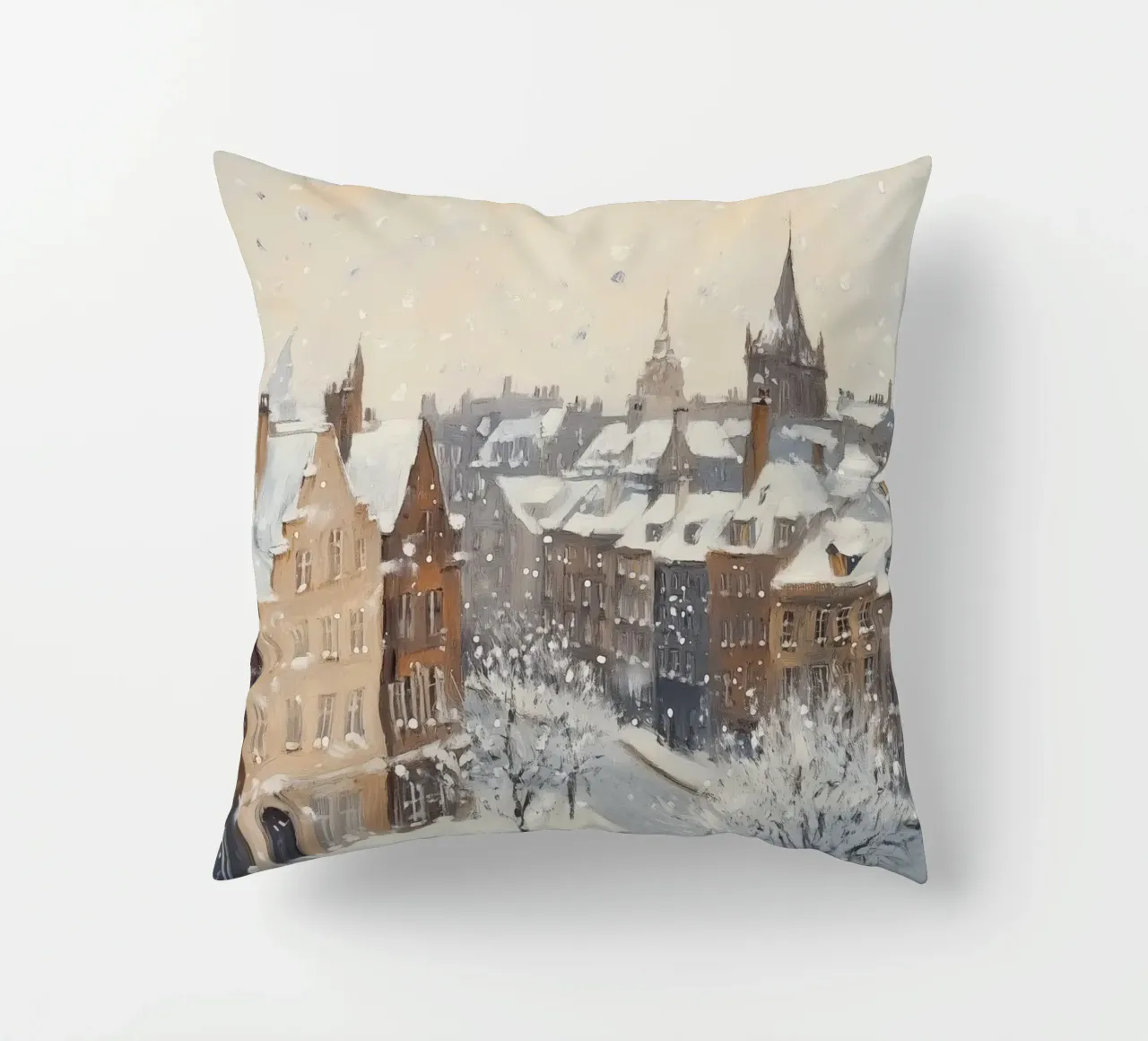 Il centro storico di Edimburgo innevato d'inverno cuscino da Melloi Art Print