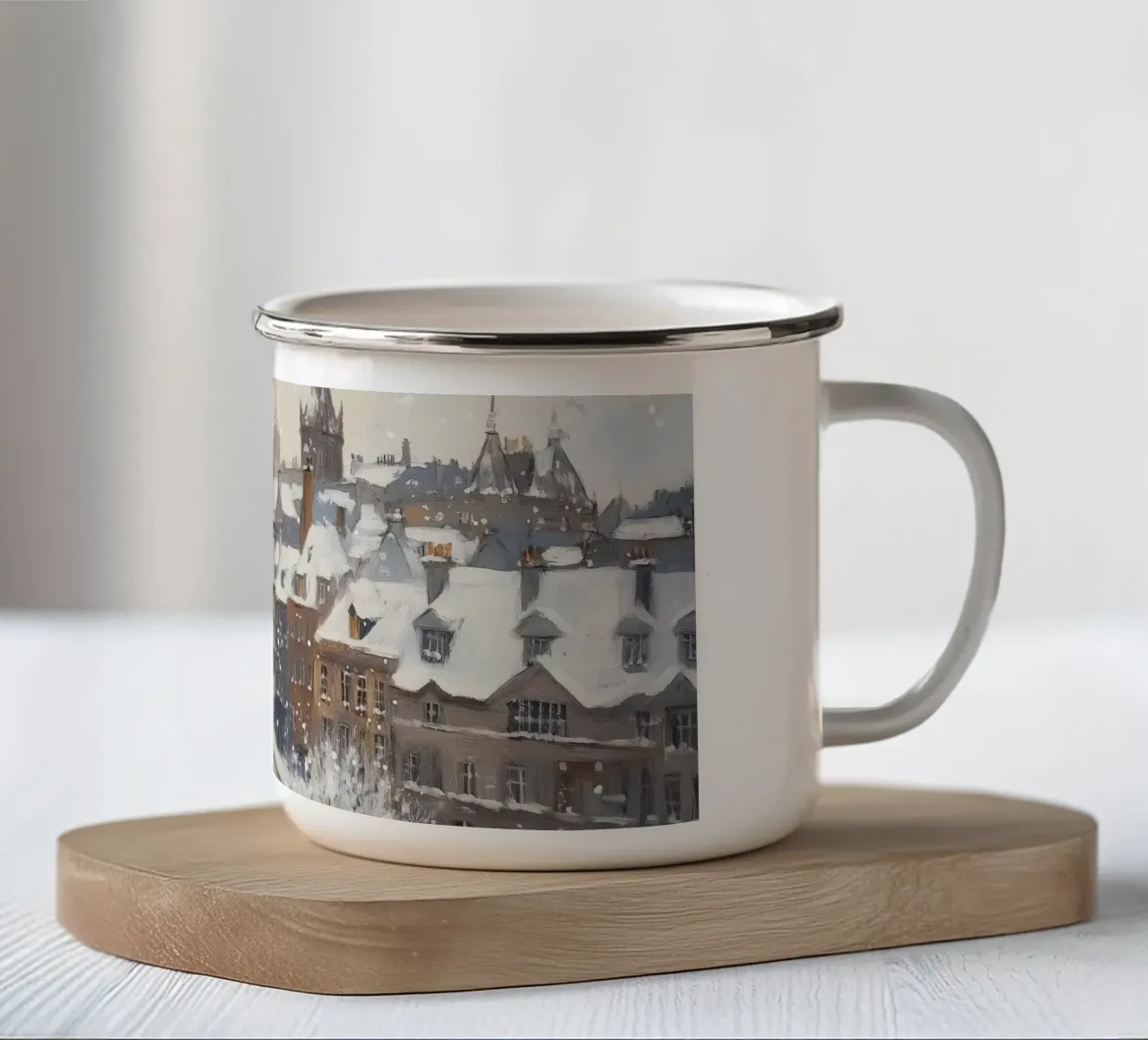 Il centro storico di Edimburgo innevato d'inverno tazza in smalto da Melloi Art Print