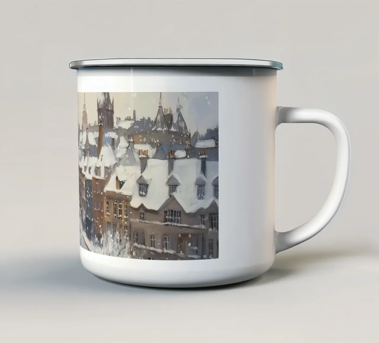 Il centro storico di Edimburgo innevato d'inverno tazza in smalto da Melloi Art Print