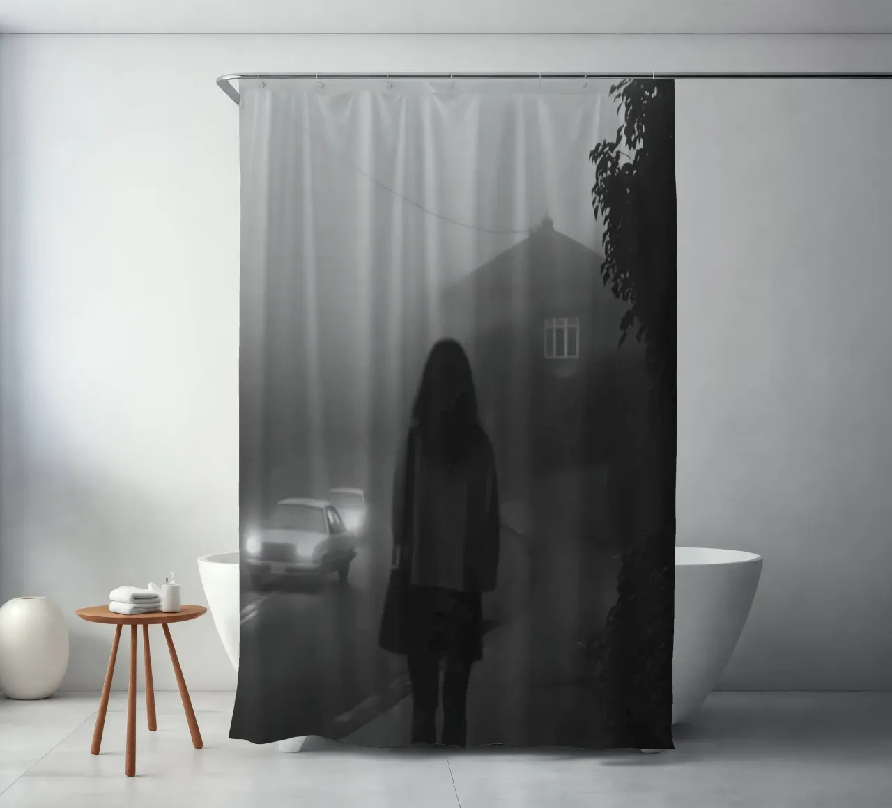 Aspettando nella nebbia tenda da doccia da Black & White