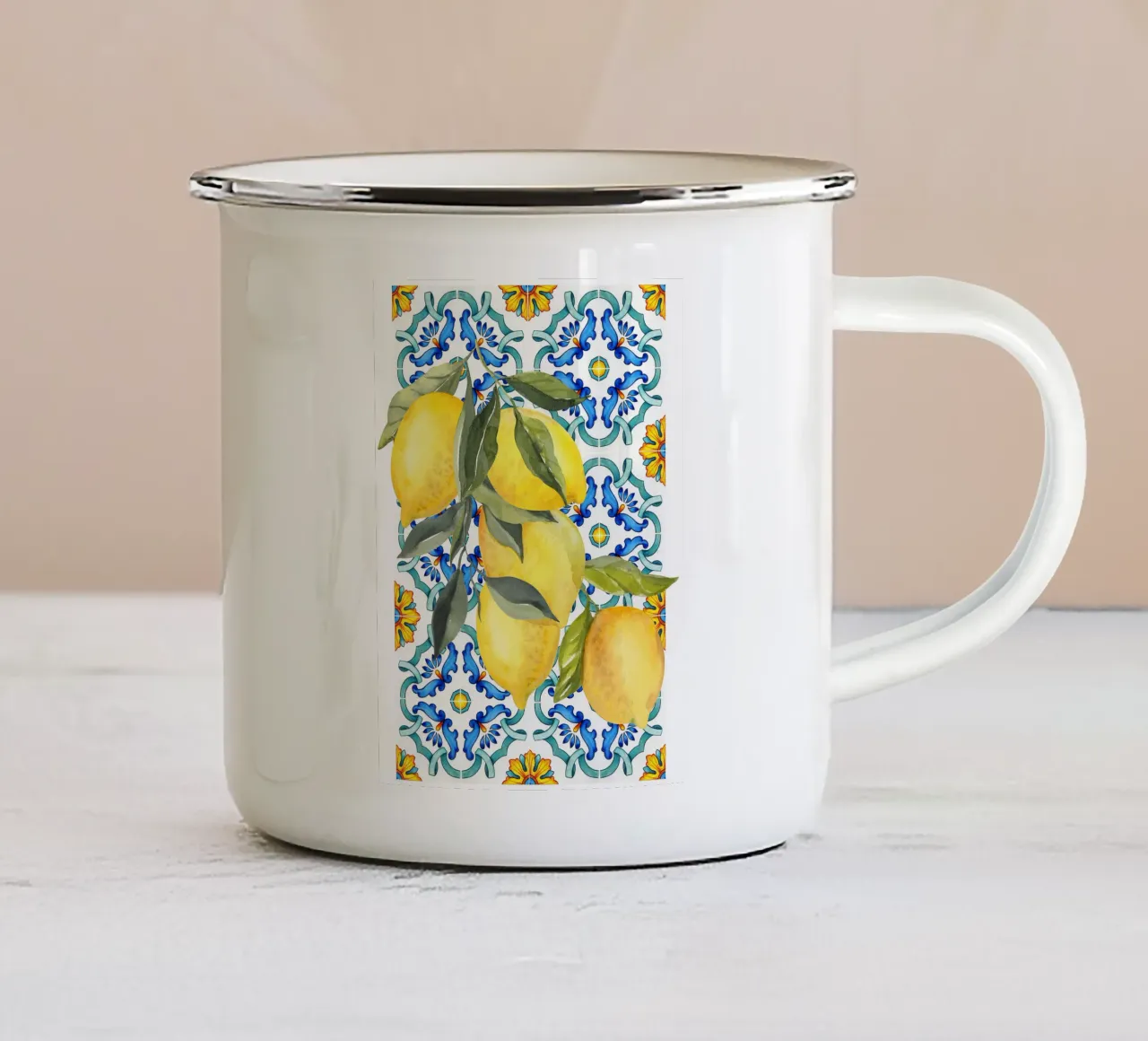 Stampa piastrelle blu limone tazza in smalto da Bella Studio