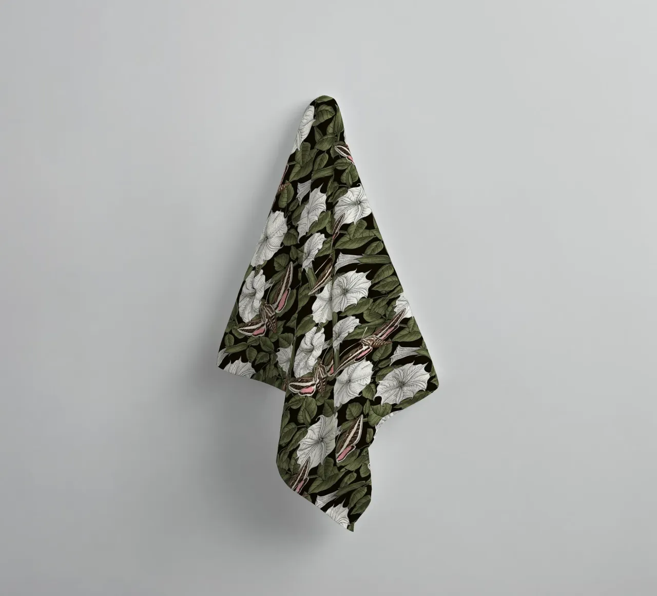 Moonflowers and sphinx moths in green and white towel by Painted Nature