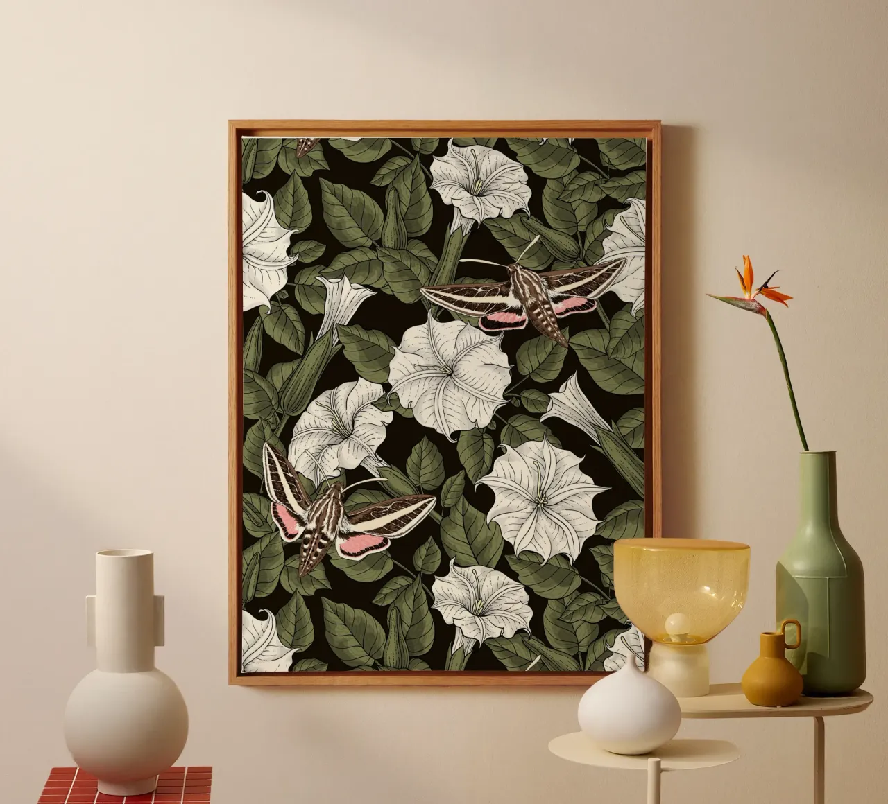 Maanbloemen en sfinxmotten in groen en wit canvas met Baklijst van Painted Nature