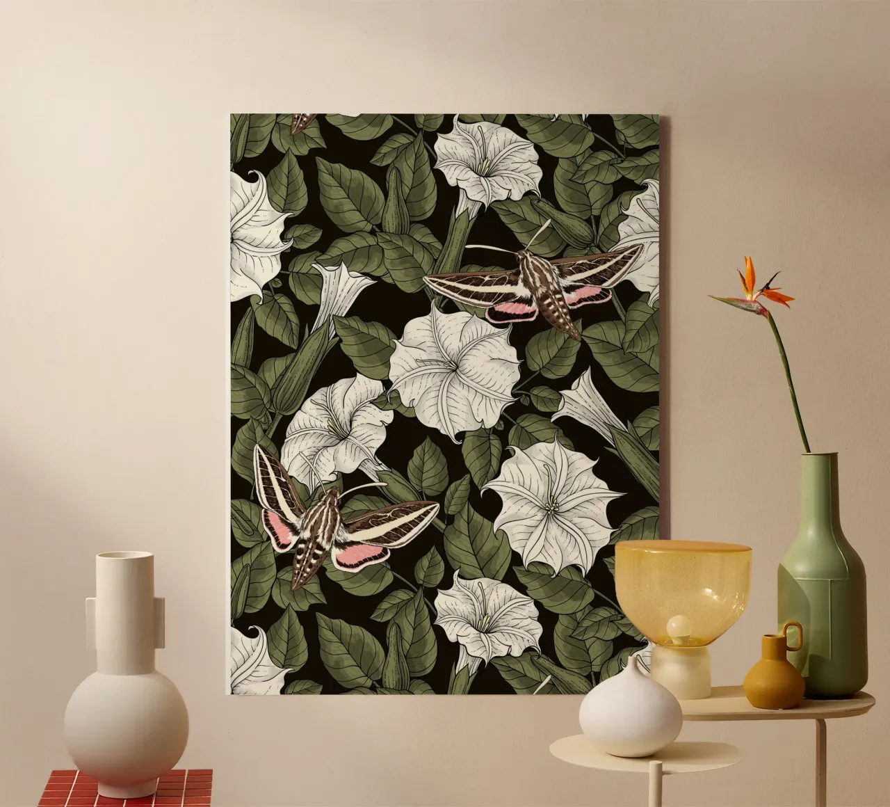 Maanbloemen en sfinxmotten in groen en wit canvas met Baklijst van Painted Nature