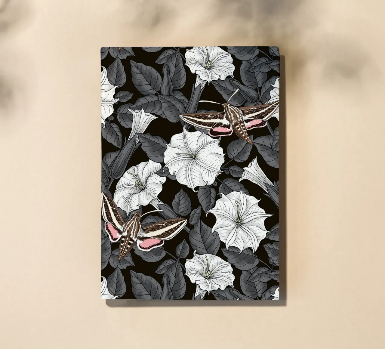 Moonflowers and sphinx moths in gray and white notebook by Painted Nature